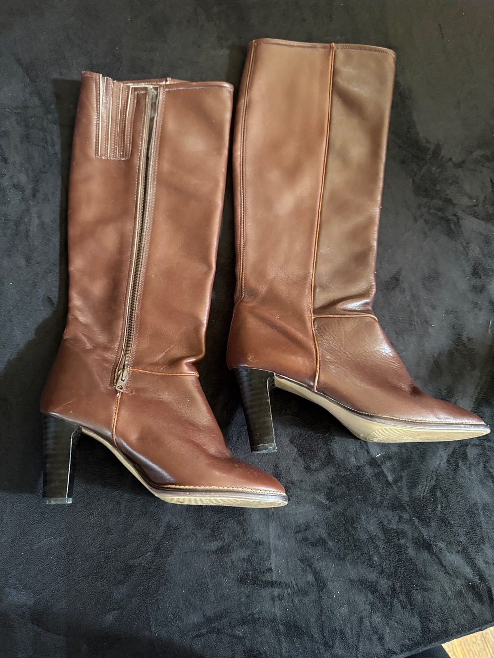 VINTAGE Handmade Brown Leather Knee-High Boots with Block Heel